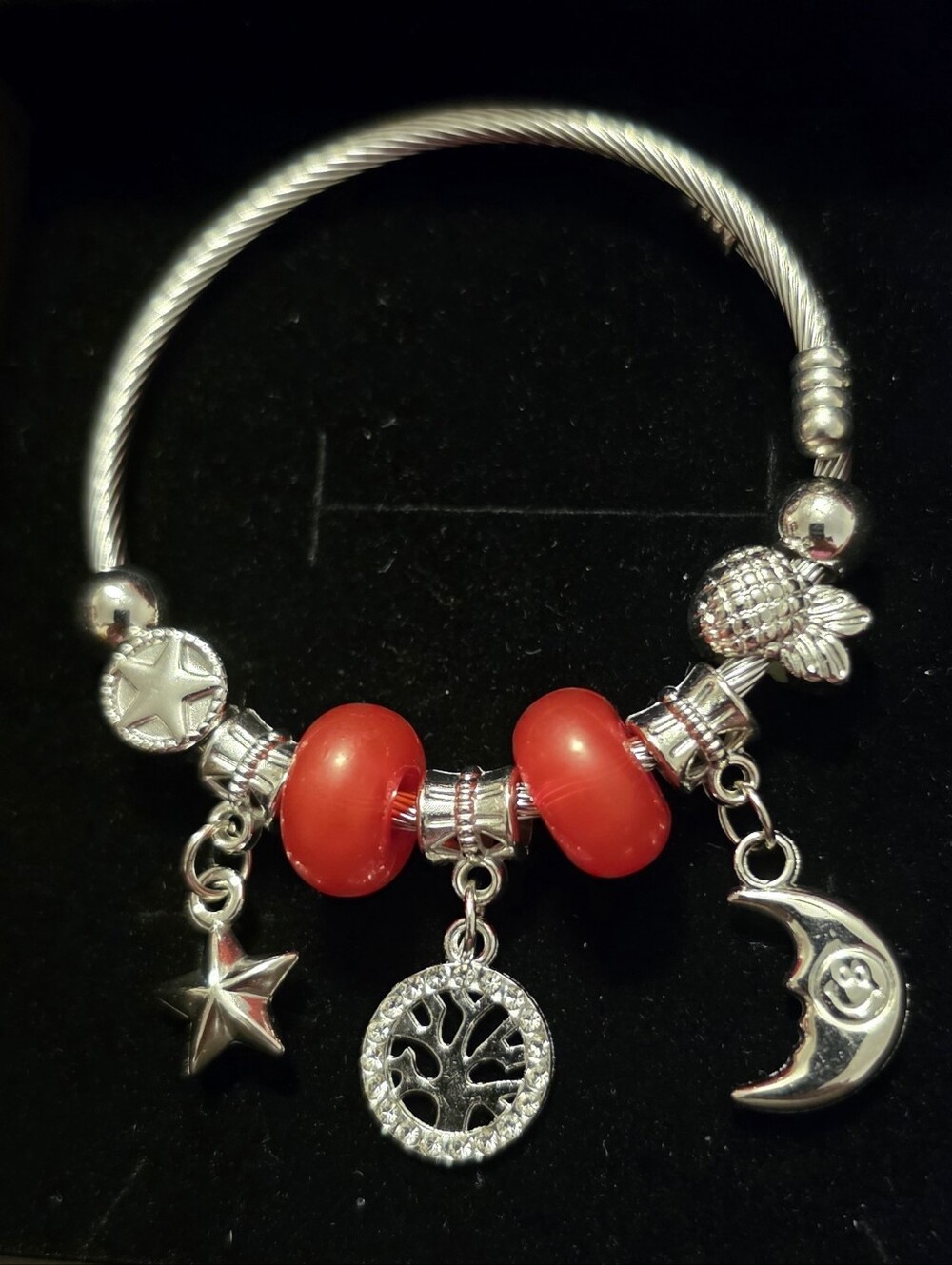 Silver Charm Bracelet with Red Glass Beads